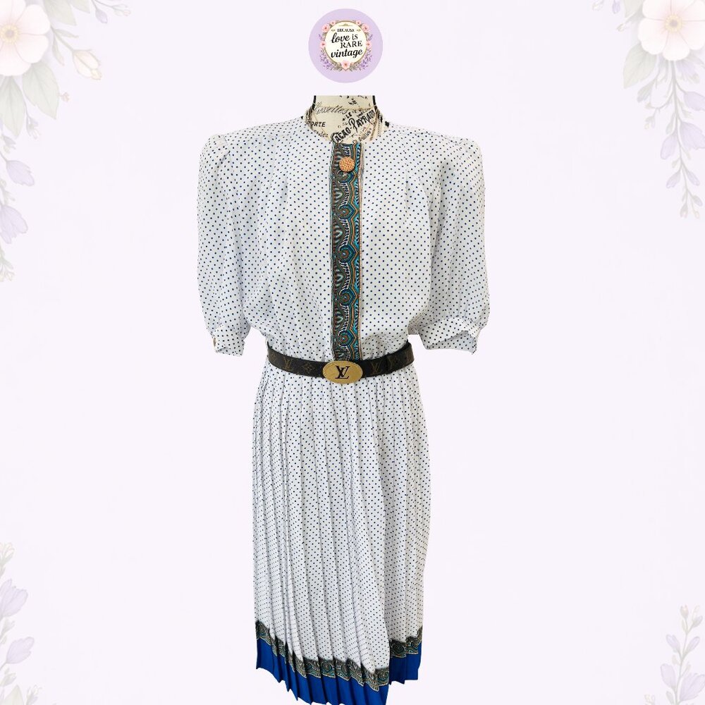 Vintage White & Blue Polka Dot Shirtdress • 1970s Pleated Midi Day Dress • USA